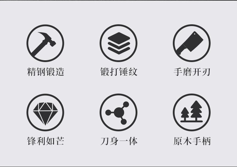 加厚斩骨刀六大核心卖点：精钢锻造、锻打锤纹、手磨开刃、锋利如芒、刀身一体、原木手柄